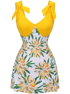 Clearance Retro Stage 1940s Floral Patchwork One-Piece Swimsuit Yellow