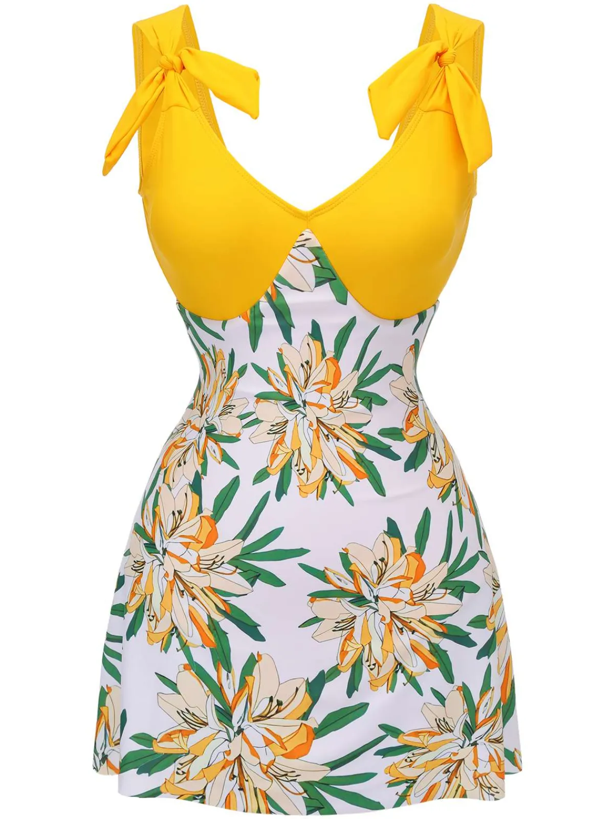Clearance Retro Stage 1940s Floral Patchwork One-Piece Swimsuit Yellow