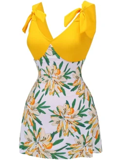 Clearance Retro Stage 1940s Floral Patchwork One-Piece Swimsuit Yellow