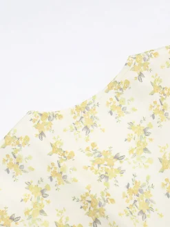 New Retro Stage 1960s Floral Puff Sleeves V-Neck Dress Yellow