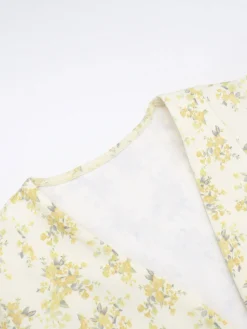 New Retro Stage 1960s Floral Puff Sleeves V-Neck Dress Yellow