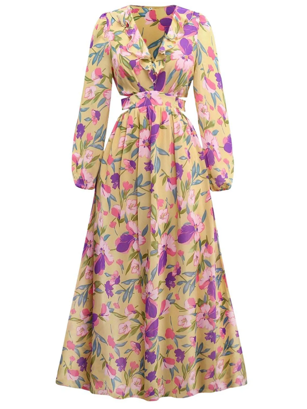 Discount Retro Stage 1930s Floral Ruffled Deep V-Neck Cutout Dress Yellow