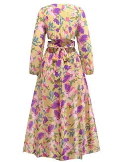 Discount Retro Stage 1930s Floral Ruffled Deep V-Neck Cutout Dress Yellow
