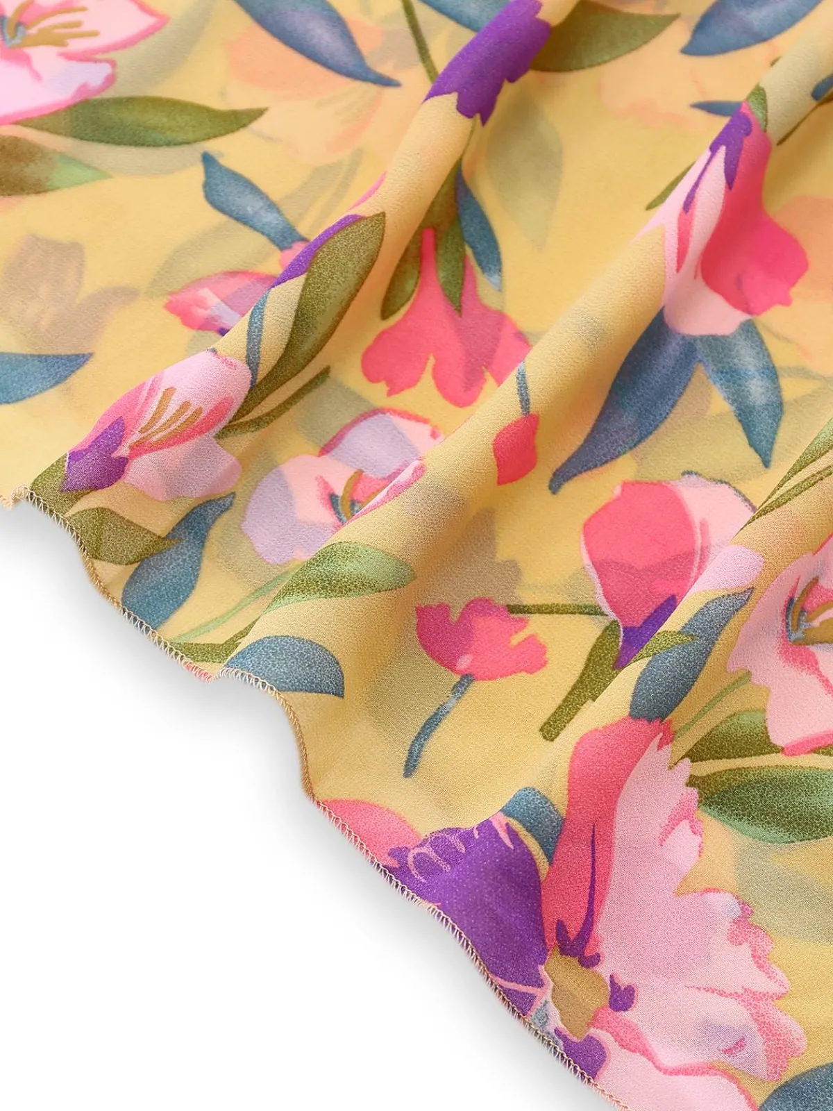 Discount Retro Stage 1930s Floral Ruffled Deep V-Neck Cutout Dress Yellow