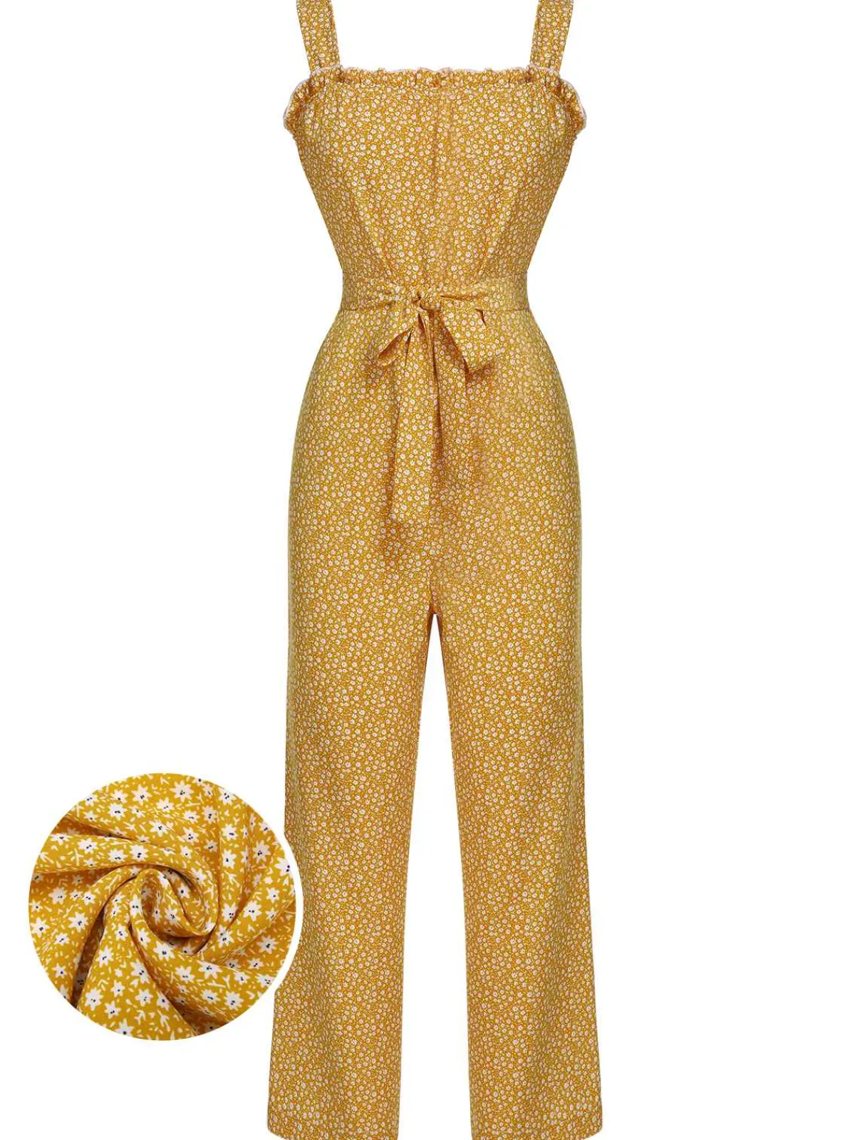 Clearance Retro Stage 1930s Floral Ruffles Tie Jumpsuit Yellow