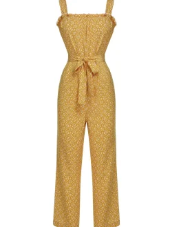 Clearance Retro Stage 1930s Floral Ruffles Tie Jumpsuit Yellow