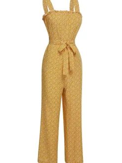 Clearance Retro Stage 1930s Floral Ruffles Tie Jumpsuit Yellow