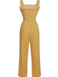 Clearance Retro Stage 1930s Floral Ruffles Tie Jumpsuit Yellow