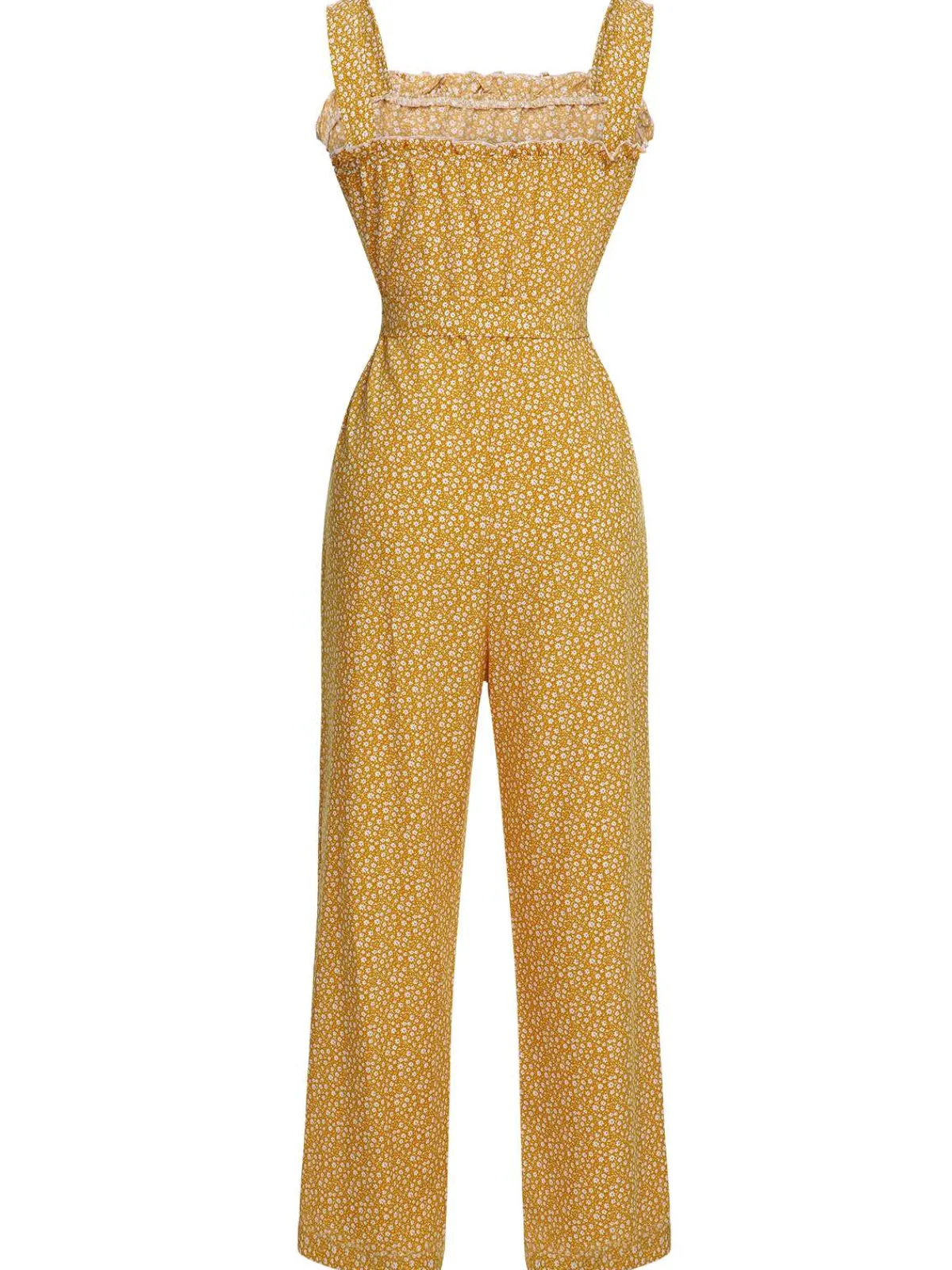 Clearance Retro Stage 1930s Floral Ruffles Tie Jumpsuit Yellow