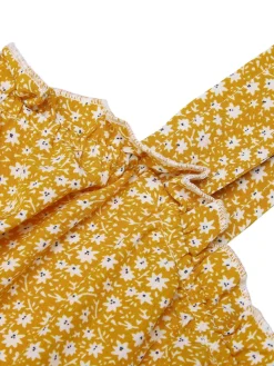 Clearance Retro Stage 1930s Floral Ruffles Tie Jumpsuit Yellow