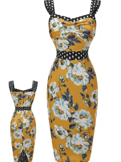 Clearance Retro Stage 1960s Florale Dots Patchwork Pencil Dress Yellow