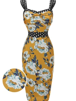 Clearance Retro Stage 1960s Florale Dots Patchwork Pencil Dress Yellow