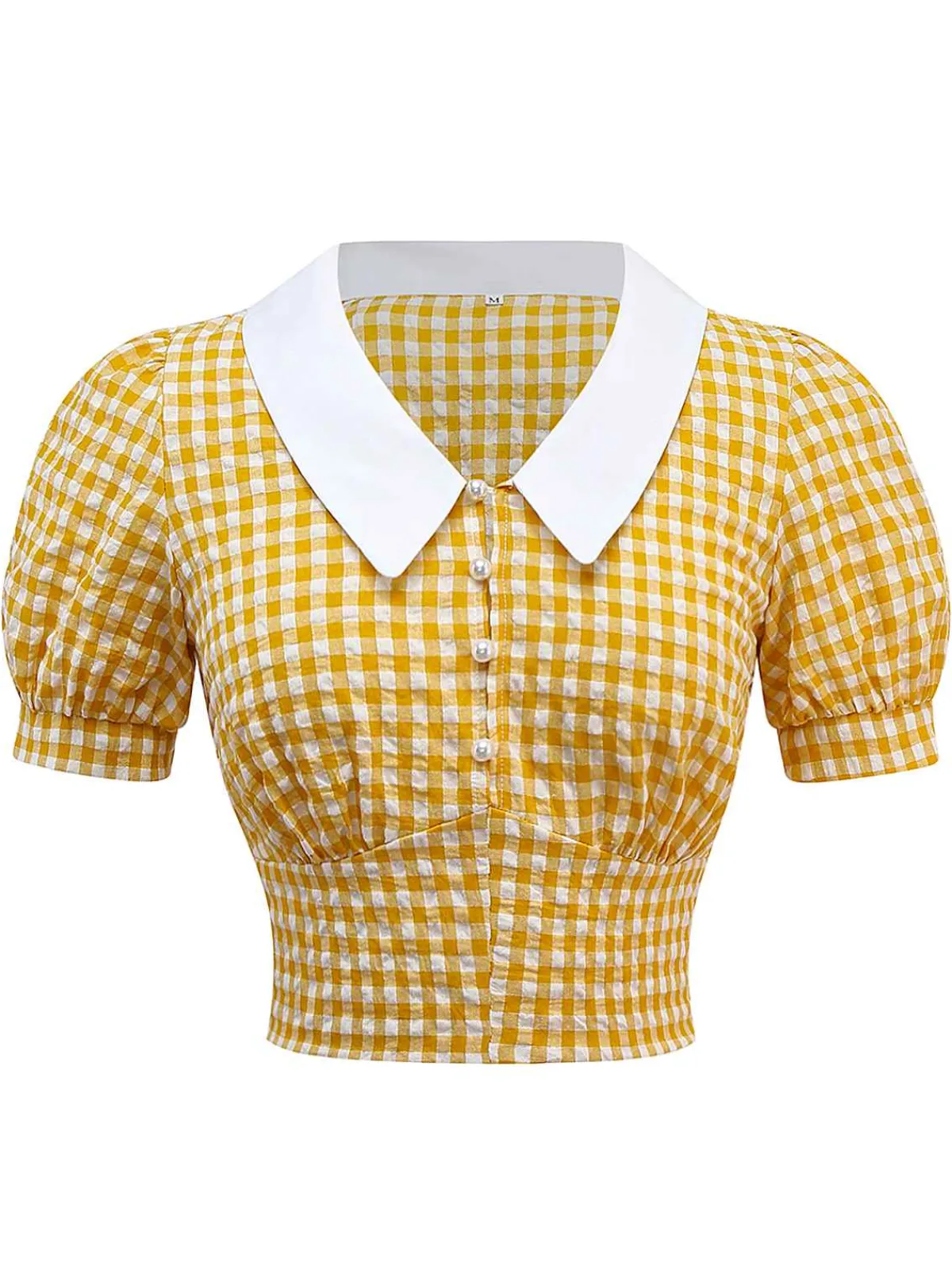 Online Retro Stage 1950s Gingham Plaid Lapel Pearl Button Top Yellow