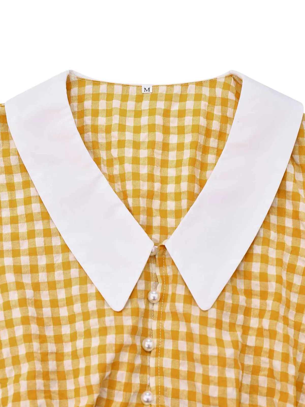 Online Retro Stage 1950s Gingham Plaid Lapel Pearl Button Top Yellow