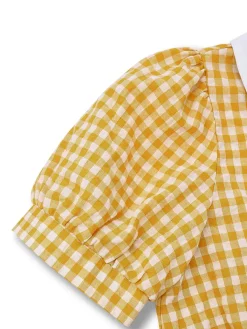 Online Retro Stage 1950s Gingham Plaid Lapel Pearl Button Top Yellow