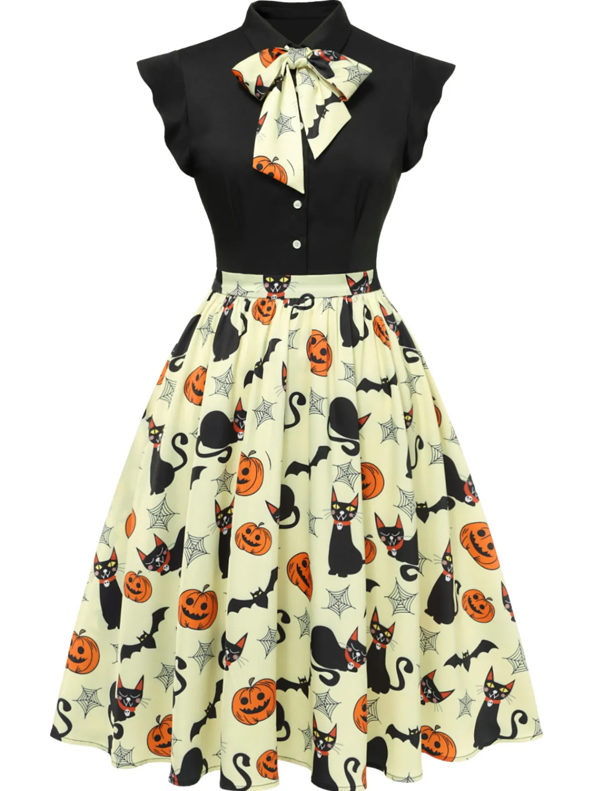 Sale Retro Stage 1950s Halloween Bow Lapel Dress Yellow