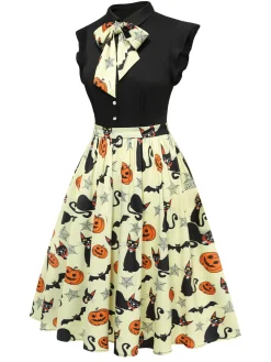 Sale Retro Stage 1950s Halloween Bow Lapel Dress Yellow