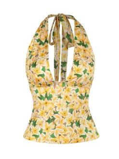 Hot Retro Stage 1950s Halter Deep V-Neck Lily Top Yellow