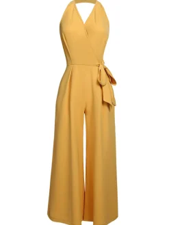Online Retro Stage 1930s Halter Lace-Up Jumpsuit Yellow