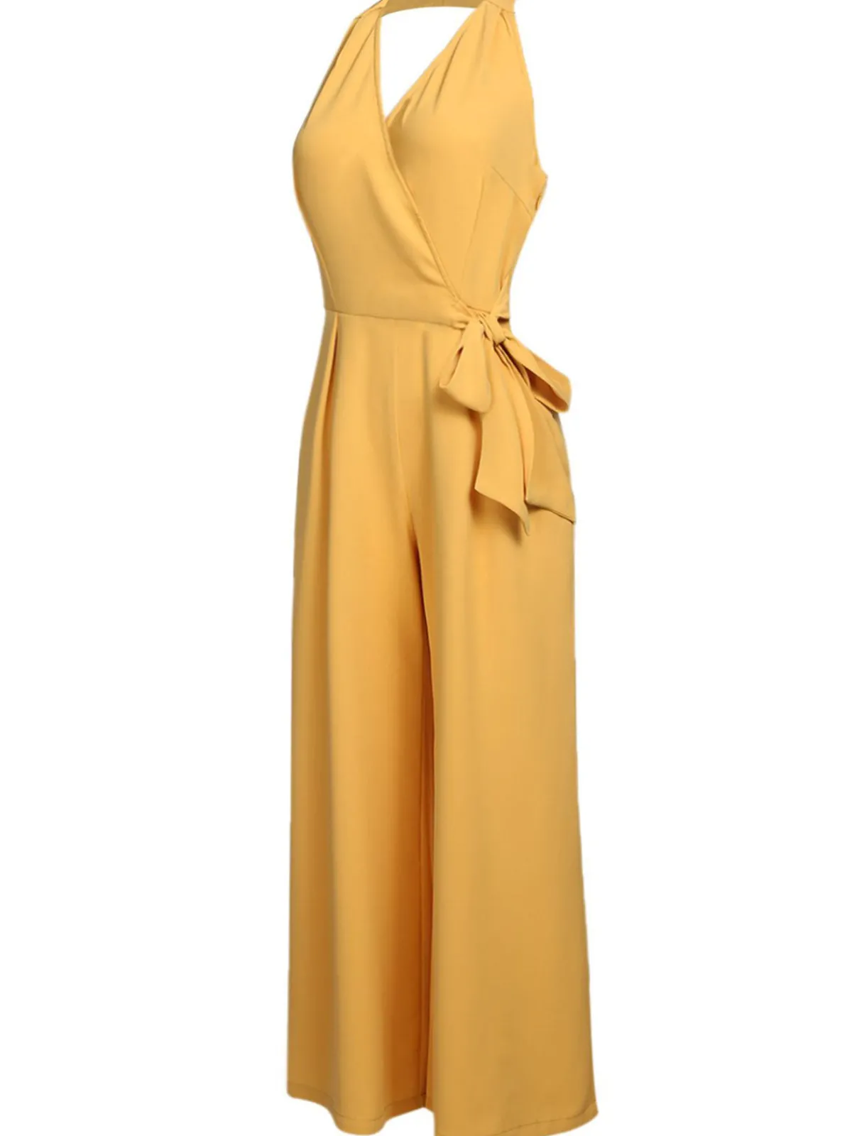 Online Retro Stage 1930s Halter Lace-Up Jumpsuit Yellow