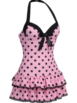 New Retro Stage Yellow 1940s Halter Polka Dots Bow Swimsuit