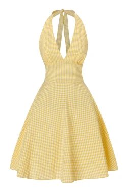 Hot Retro Stage 1960s Halter V-Neck Plaids Dress Yellow