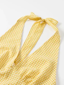 Hot Retro Stage 1960s Halter V-Neck Plaids Dress Yellow