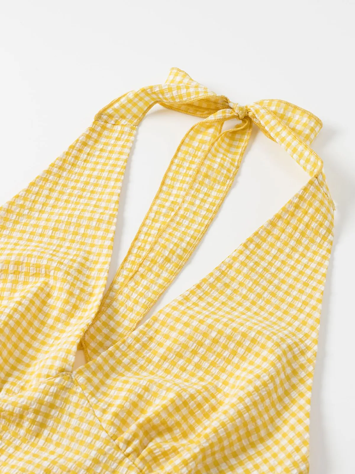 Hot Retro Stage 1960s Halter V-Neck Plaids Dress Yellow