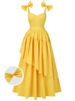Discount Retro Stage 1950s Heart Neck Bow-Strap Tiered Dress Yellow