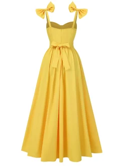 Discount Retro Stage 1950s Heart Neck Bow-Strap Tiered Dress Yellow