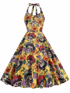 Hot Retro Stage 1950s Hippie Skull Bow Halter Swing Dress Yellow