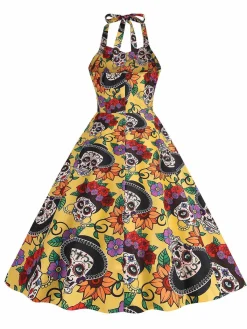 Hot Retro Stage 1950s Hippie Skull Bow Halter Swing Dress Yellow
