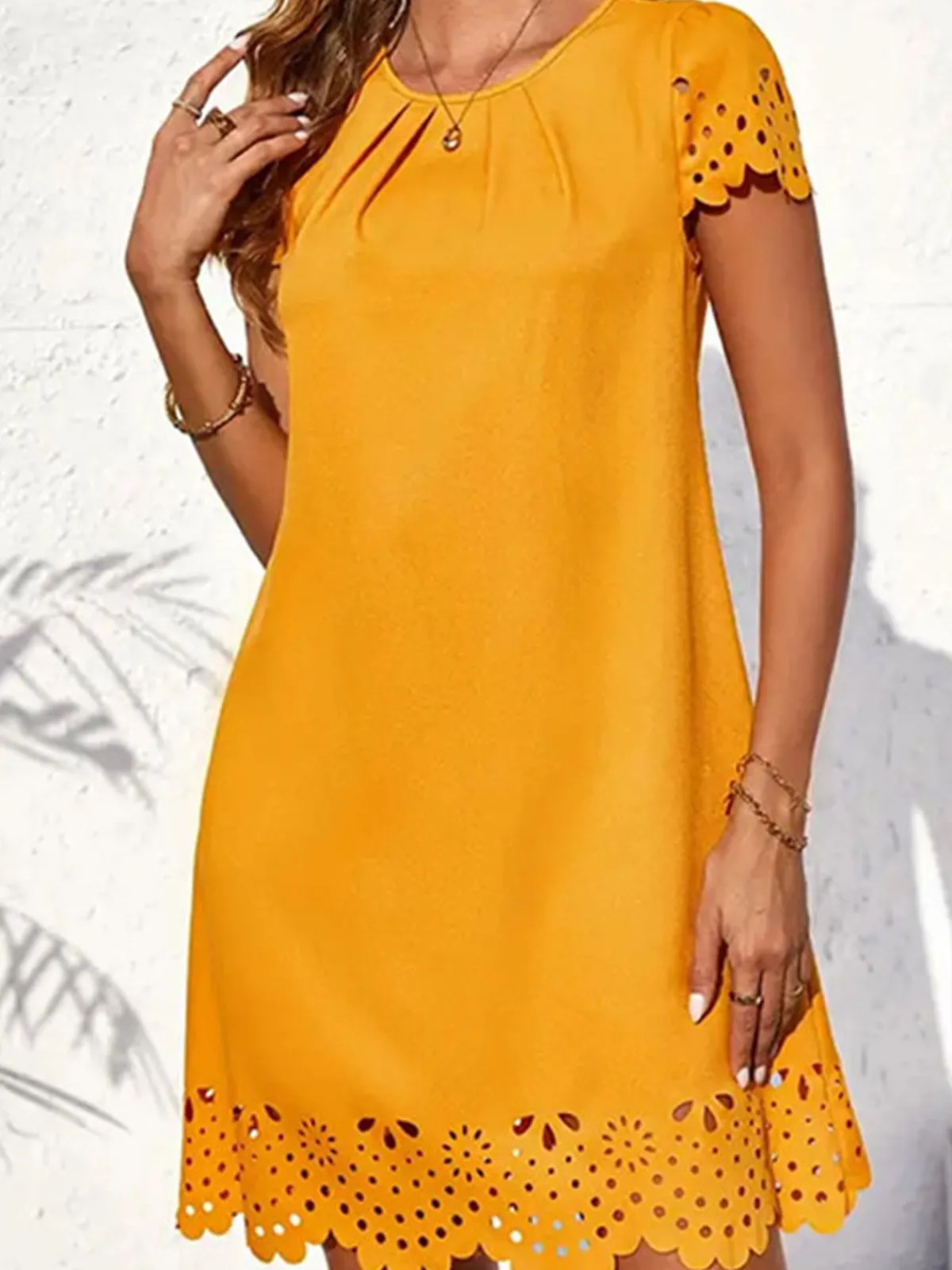 Sale Retro Stage 1960s Hollow A-Line Solid Dress Yellow