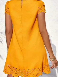 Sale Retro Stage 1960s Hollow A-Line Solid Dress Yellow