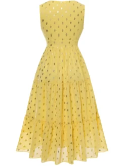 Online Retro Stage Yellow 1950s Lace Patchwork Polka Dots Dress Light Yellow