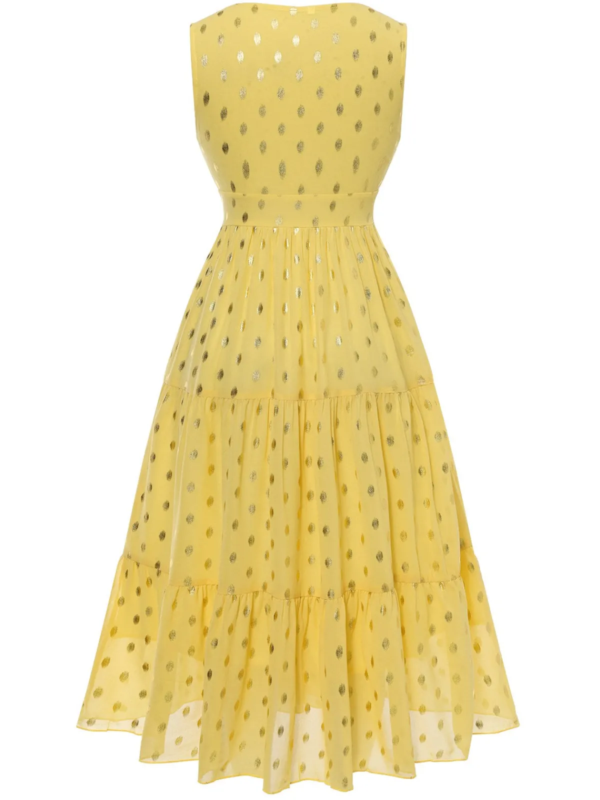 Online Retro Stage Yellow 1950s Lace Patchwork Polka Dots Dress Light Yellow