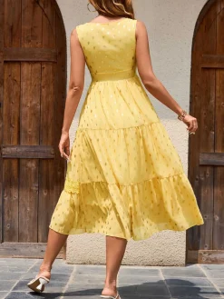 Online Retro Stage Yellow 1950s Lace Patchwork Polka Dots Dress Light Yellow