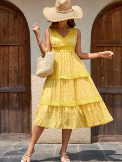 Online Retro Stage Yellow 1950s Lace Patchwork Polka Dots Dress Light Yellow