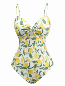 Fashion Retro Stage 1950s Lemon Print Bow One-Piece Swimsuit Yellow
