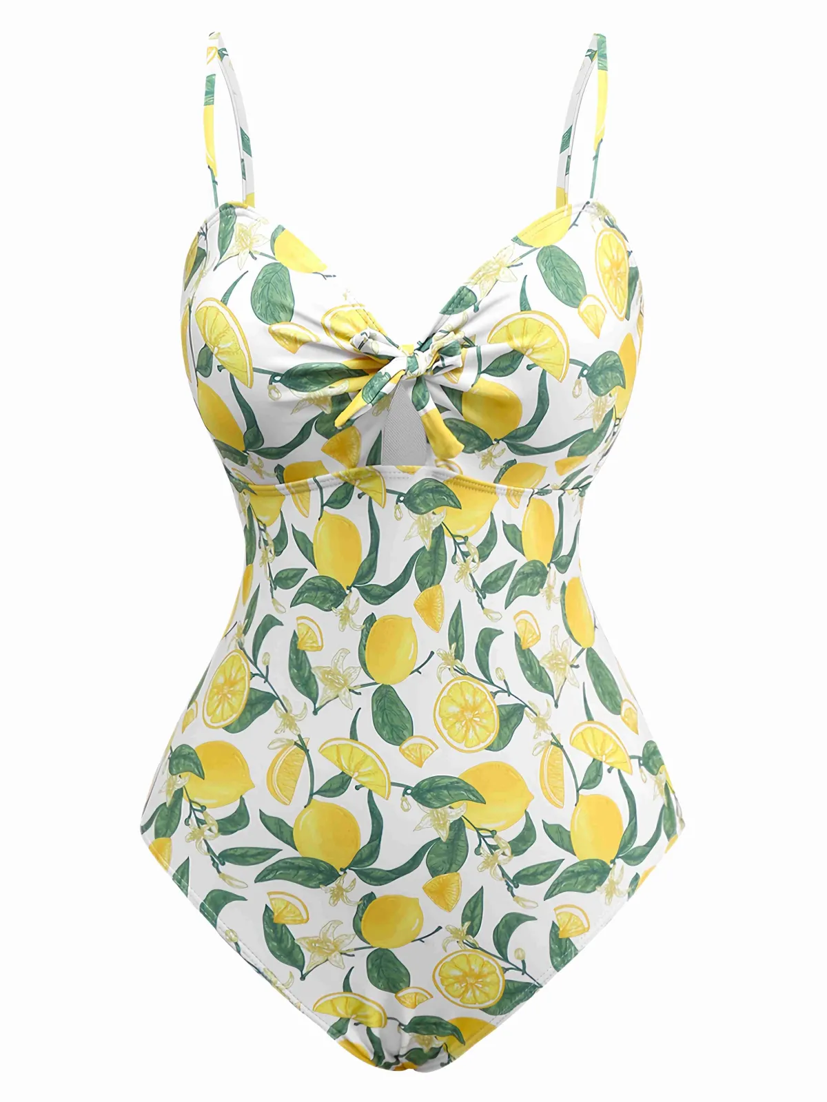 Fashion Retro Stage 1950s Lemon Print Bow One-Piece Swimsuit Yellow