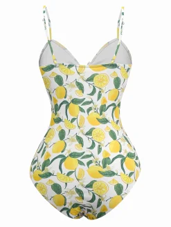 Fashion Retro Stage 1950s Lemon Print Bow One-Piece Swimsuit Yellow