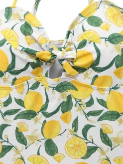 Fashion Retro Stage 1950s Lemon Print Bow One-Piece Swimsuit Yellow