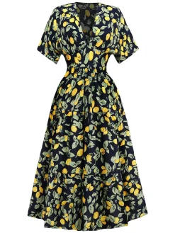 Fashion Retro Stage 1950s Lemon V-Neck Smocked Chiffon Dress Yellow