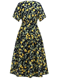 Fashion Retro Stage 1950s Lemon V-Neck Smocked Chiffon Dress Yellow