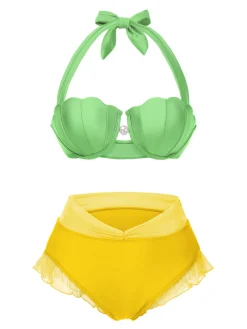Best Retro Stage Yellow 1970s Mermaid Shell Halter Bikini Set