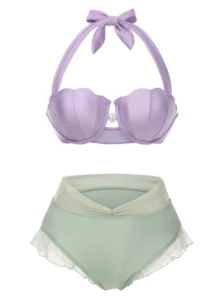 Best Retro Stage Yellow 1970s Mermaid Shell Halter Bikini Set