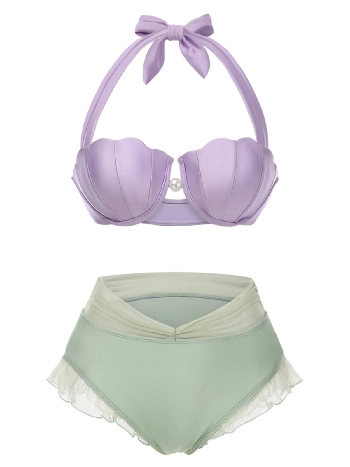 Best Retro Stage Yellow 1970s Mermaid Shell Halter Bikini Set