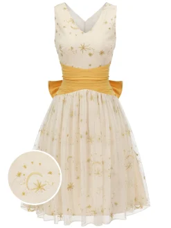 Fashion Retro Stage 1950s Mesh Patchwork Swing Dress Yellow