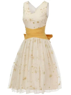 Fashion Retro Stage 1950s Mesh Patchwork Swing Dress Yellow