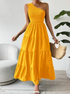 Hot Retro Stage 1930s One-Shoulder Smocked Tiered Dress Yellow